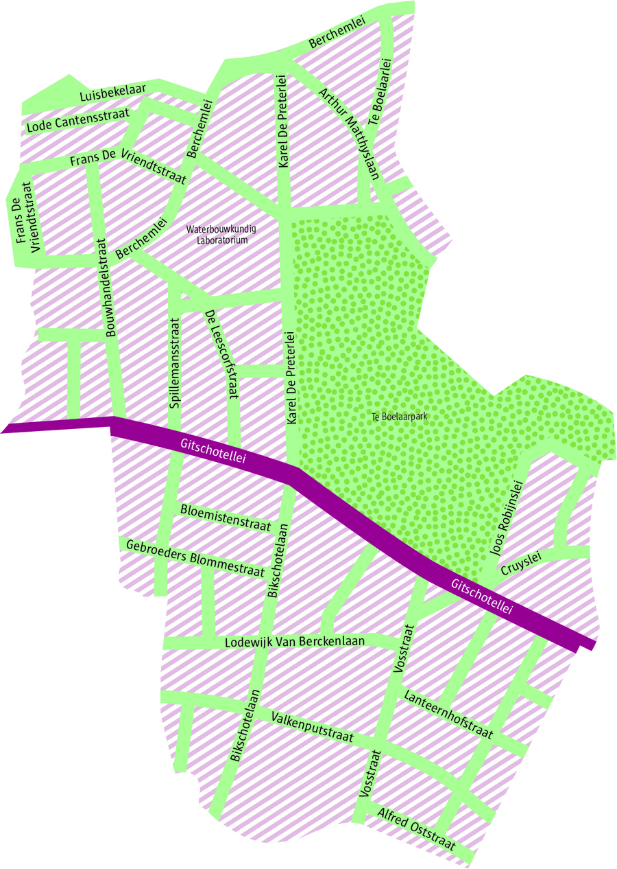 Een getekende kaart van de wijk rond te Boelaarpark waar wijklabo van start gaat Een getekende kaart van de wijk rond te Boelaarpark waar wijklabo van start gaat